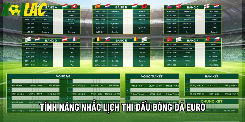 Tính năng nhắc lịch thi đấu bóng đá euro